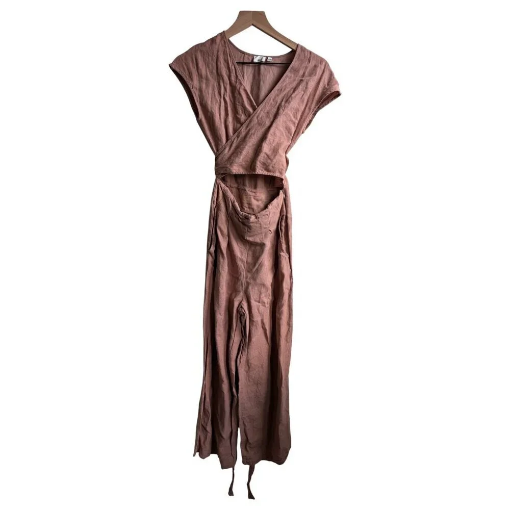 Aritzia Wilfred Brax Wrap Jumpsuit Wide Leg Size 0 Nutmeg Brown Linen Blend